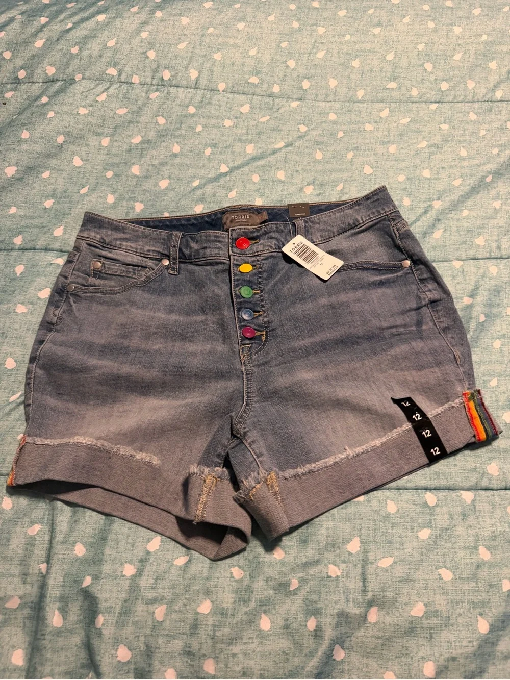 NEW NWT Torrid Blue High-Rise Jeans with Multicolor Rainbow 🌈 Button-Fly